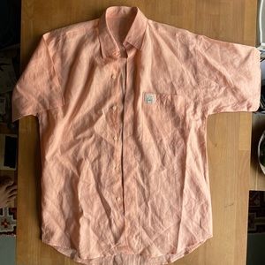 Vintage 70s Unisex Linen Button Up Shirt Orange Large